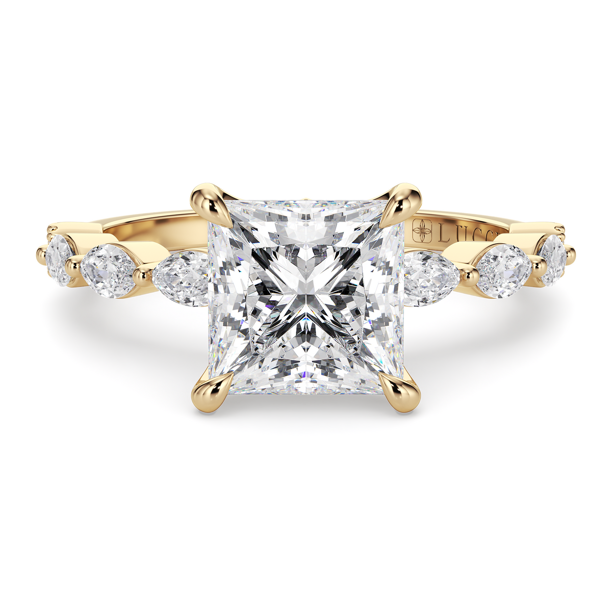 Load image into Gallery viewer, LUCCE Cluster Shared Prong Princess Diamond Engagement Ring with Petal Prongs in Gold or Platinum
