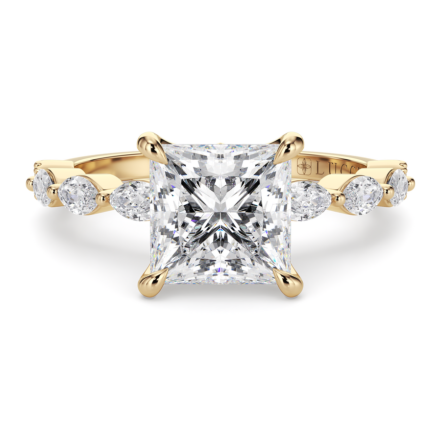 Load image into Gallery viewer, LUCCE Cluster Shared Prong Princess Diamond Engagement Ring with Petal Prongs in Gold or Platinum
