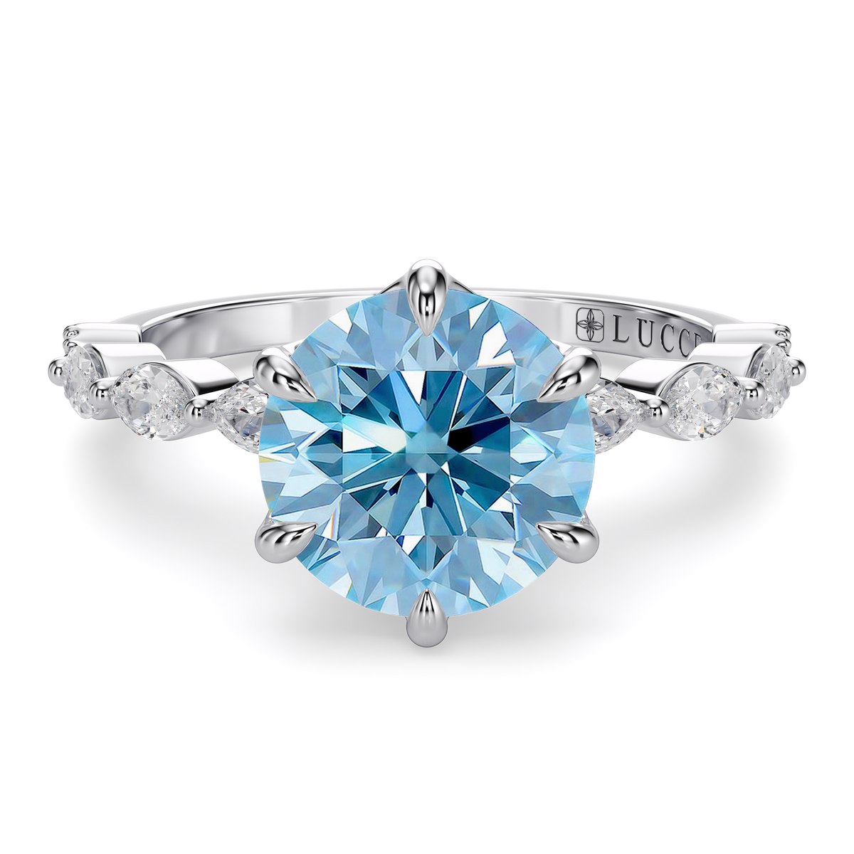 Load image into Gallery viewer, LUCCE Cluster Shared Prong Round Blue Diamond Engagement Ring with Petal Prongs in Gold or Platinum

