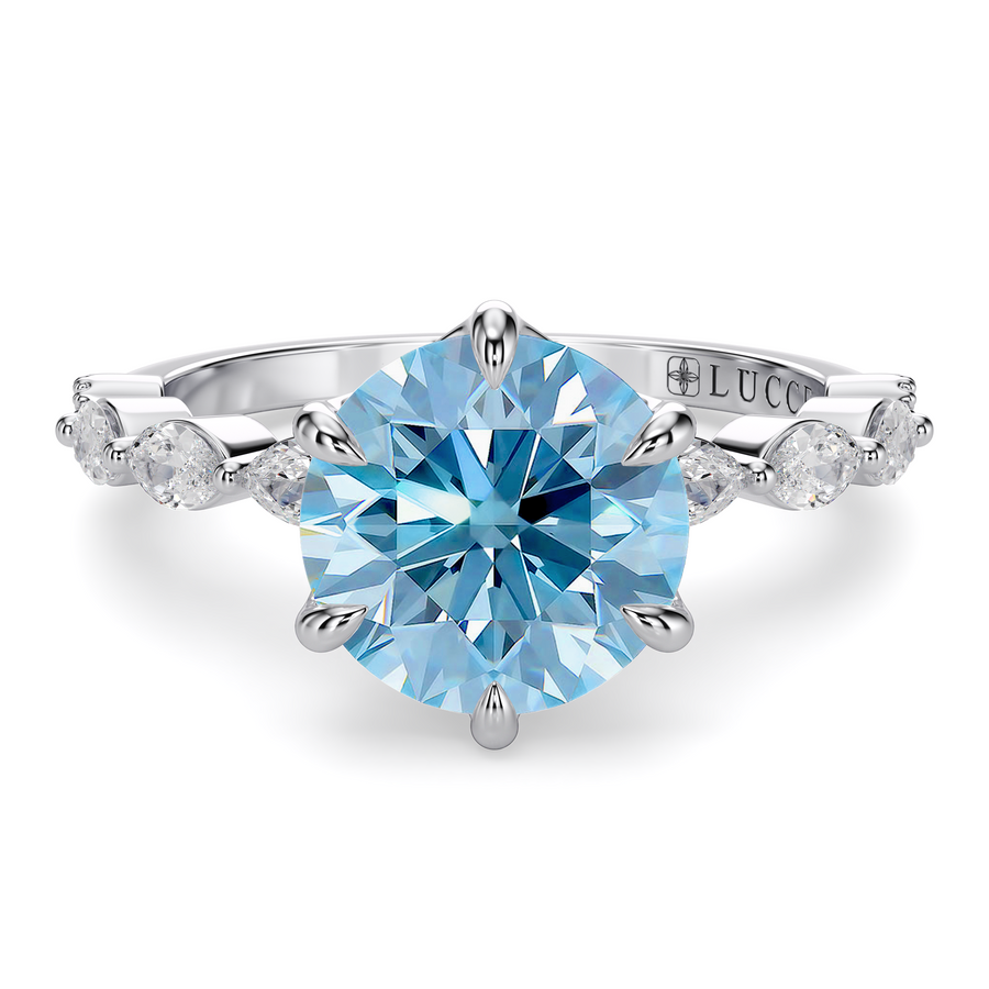 Load image into Gallery viewer, LUCCE Cluster Shared Prong Round Blue Diamond Engagement Ring with Petal Prongs in Gold or Platinum
