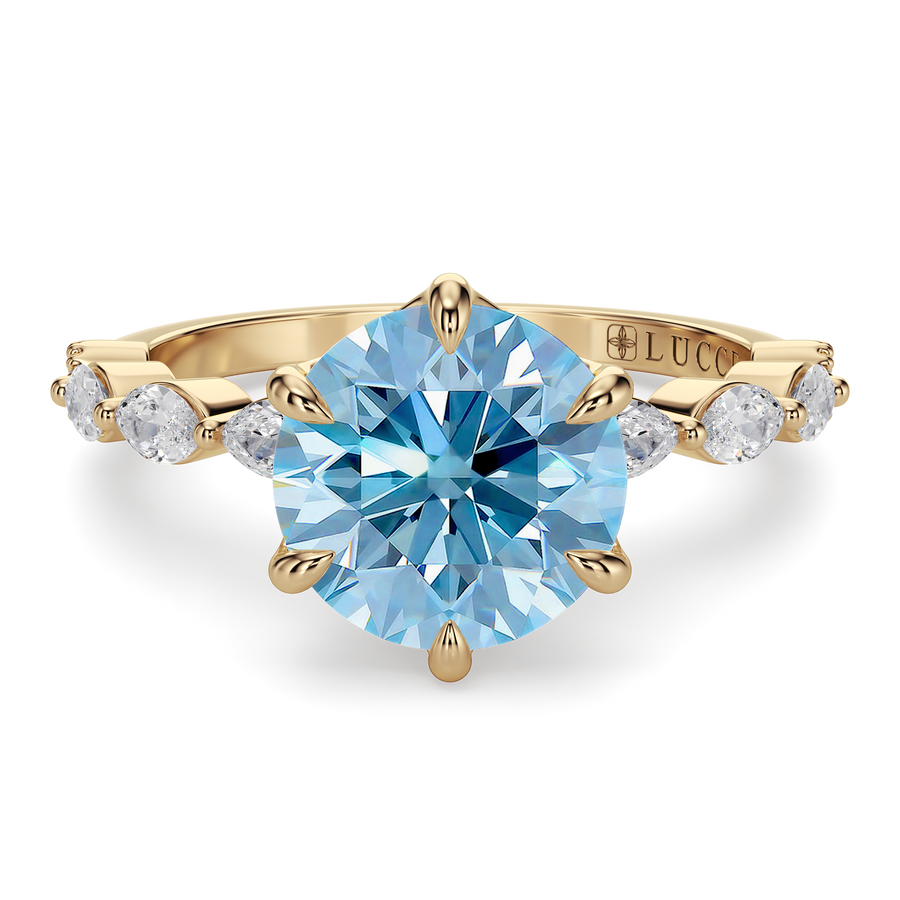 Load image into Gallery viewer, LUCCE Cluster Shared Prong Round Blue Diamond Engagement Ring with Petal Prongs in Gold or Platinum
