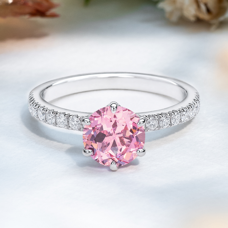 Load image into Gallery viewer, LUCCE LUCIA™ Pavé 6-Prong Round AURORA™ Pink Sapphire 1.00ct 14K White Gold
