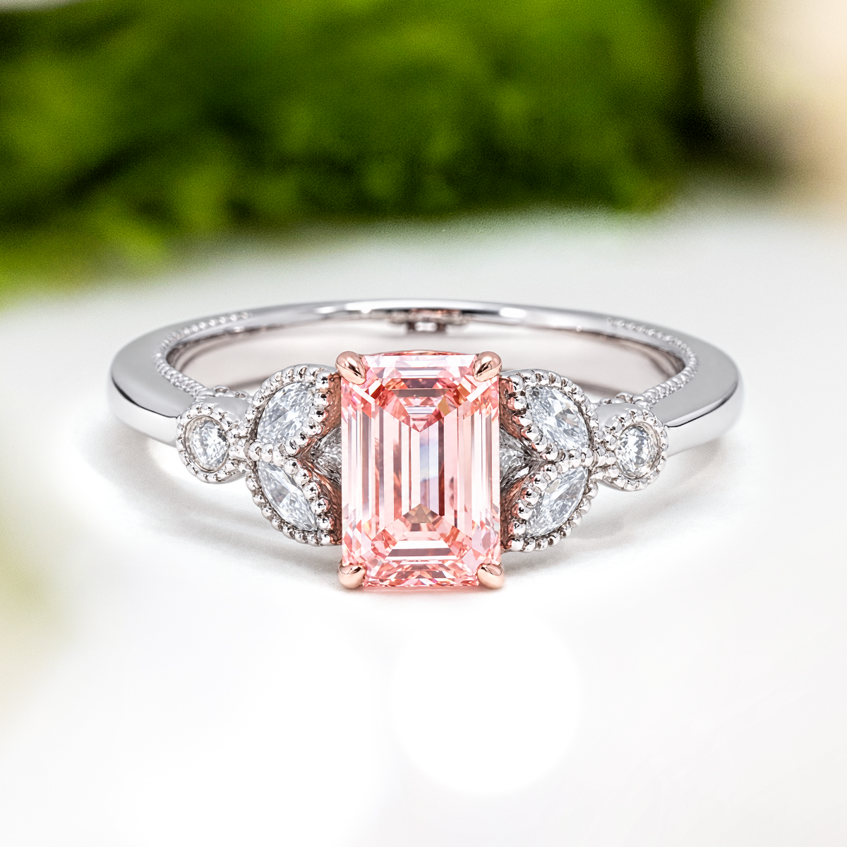 Load image into Gallery viewer, LUCCE STELLA™ Emerald ROSÉ™ Pink Lab Diamond 1.02ct Fancy Intense Pink VS1 IGI Platinum and 14K Rose Gold Prongs
