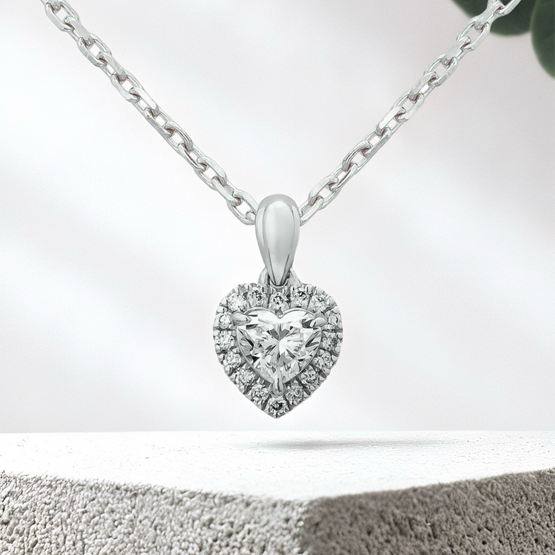 LUCCE Heart cut Diamond necklace with Halo Pendant Necklace in Gold or Platinum