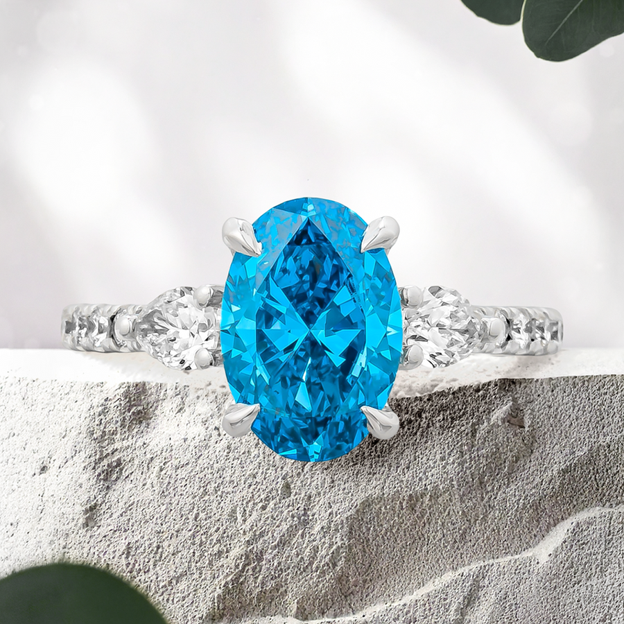 Load image into Gallery viewer, LUCCE SOPHIA™ Pavé Oval OCEAN™ Blue Lab Diamond 1.70ct Fancy Vivid Blue VS1 Ex IGI Platinum
