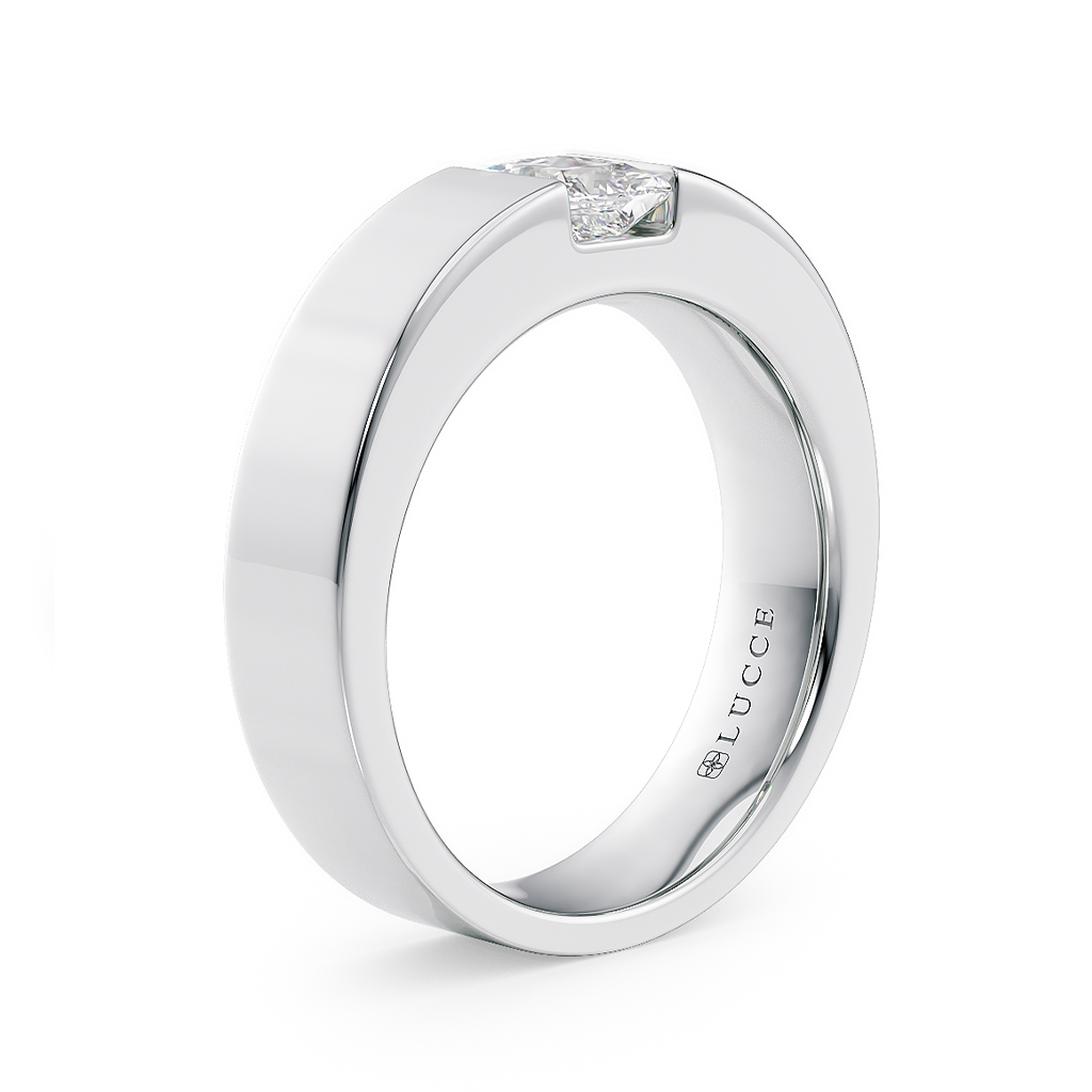 Load image into Gallery viewer, LUCCE Single Stone Princess Diamond Classic Unisex Wedding Band with Brushed or Polished Finish in Gold or Platinum
