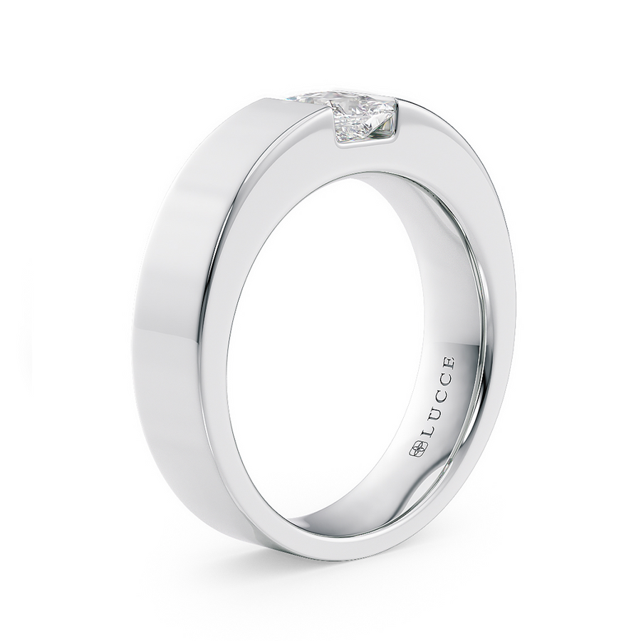 Load image into Gallery viewer, LUCCE Single Stone Princess Diamond Classic Unisex Wedding Band with Brushed or Polished Finish in Gold or Platinum
