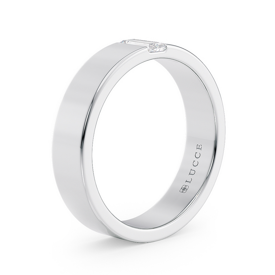Load image into Gallery viewer, LUCCE Single Stone Baguette Classic Unisex Wedding Band with Brushed or Polished Finish in Gold or Platinum
