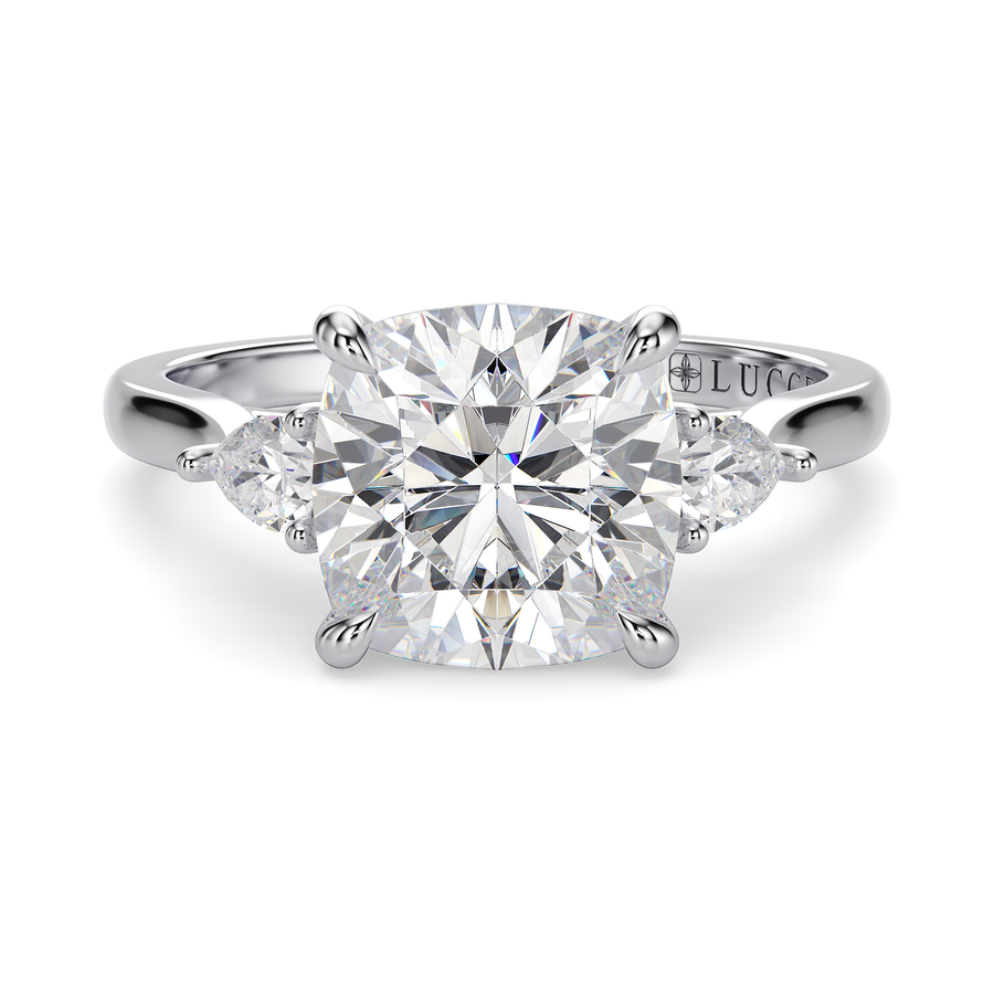 Load image into Gallery viewer, LUCCE Cathedral Three Stone Cushion Diamond Engagement Ring in Gold or Platinum
