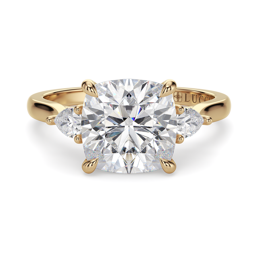 Load image into Gallery viewer, LUCCE Cathedral Three Stone Cushion Diamond Engagement Ring in Gold or Platinum
