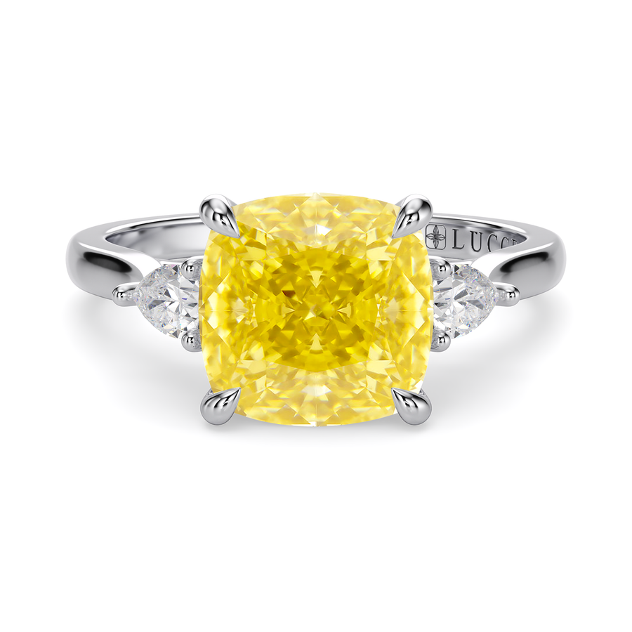 Load image into Gallery viewer, LUCCE Cathedral Three Stone Cushion Yellow Diamond Engagement Ring in Gold or Platinum
