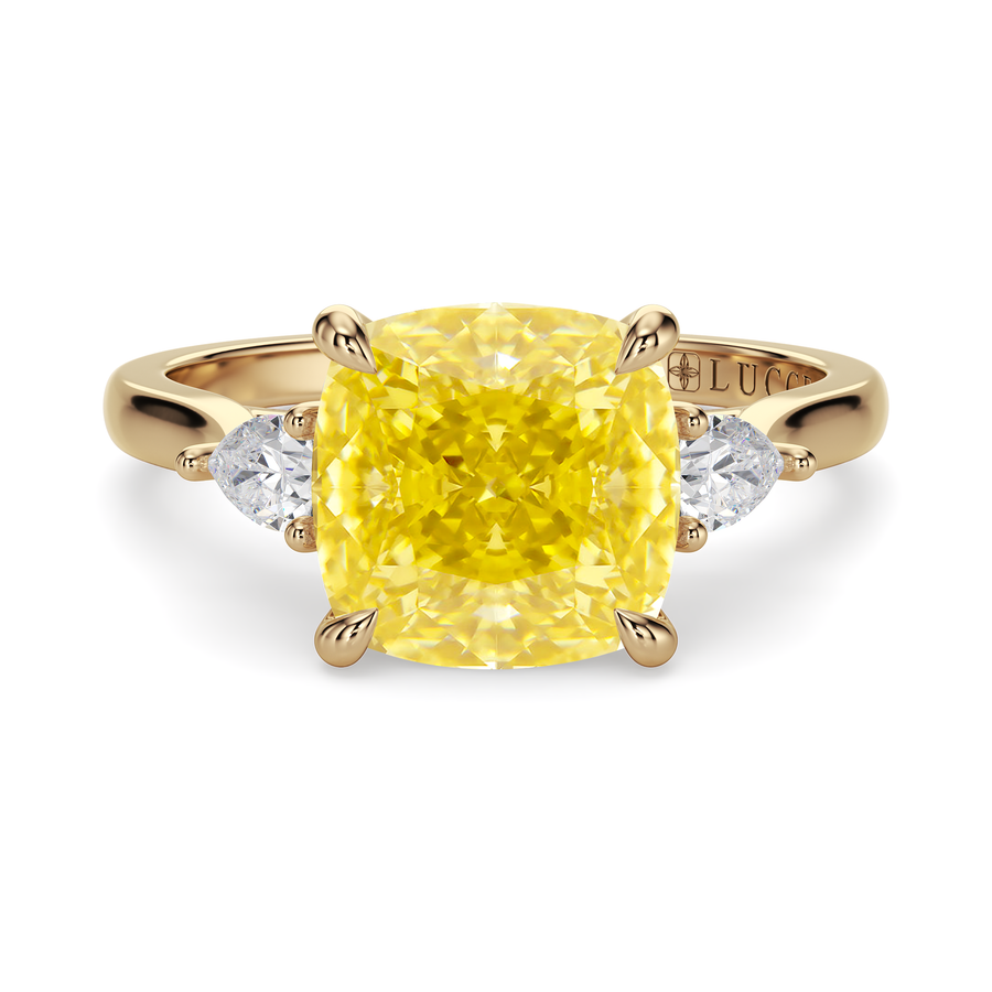 Load image into Gallery viewer, LUCCE Cathedral Three Stone Cushion Yellow Diamond Engagement Ring in Gold or Platinum
