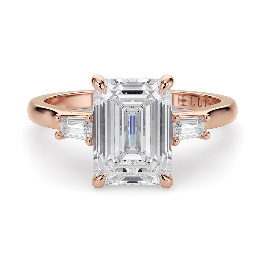 Load image into Gallery viewer, LUCCE Cathedral Three Stone Emerald Diamond Engagement Ring in Gold or Platinum

