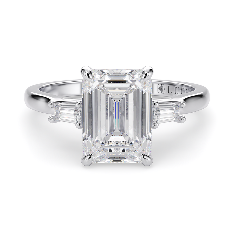 Load image into Gallery viewer, LUCCE Cathedral Three Stone Emerald Diamond Engagement Ring in Gold or Platinum
