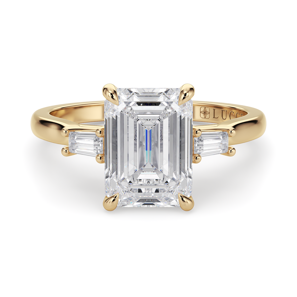 Load image into Gallery viewer, LUCCE Cathedral Three Stone Emerald Diamond Engagement Ring in Gold or Platinum
