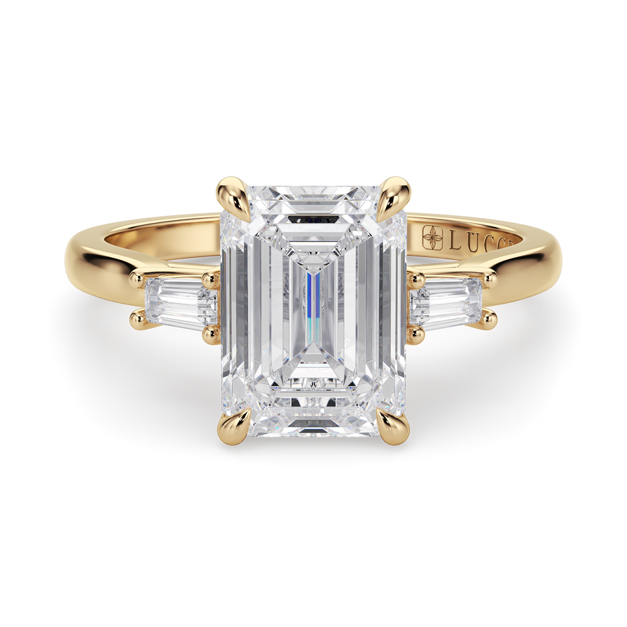 Load image into Gallery viewer, LUCCE Cathedral Three Stone Emerald Diamond Engagement Ring in Gold or Platinum
