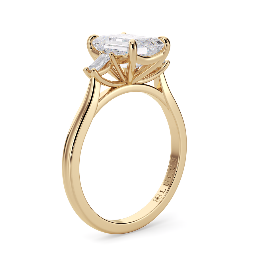 Load image into Gallery viewer, LUCCE Cathedral Three Stone Emerald Diamond Engagement Ring in Gold or Platinum
