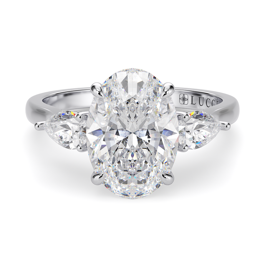 Load image into Gallery viewer, LUCCE Cathedral Three Stone Oval Diamond Engagement Ring in Gold or Platinum
