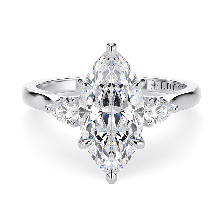 Load image into Gallery viewer, LUCCE Cathedral Three Stone Marquise Diamond Engagement Ring in Gold or Platinum
