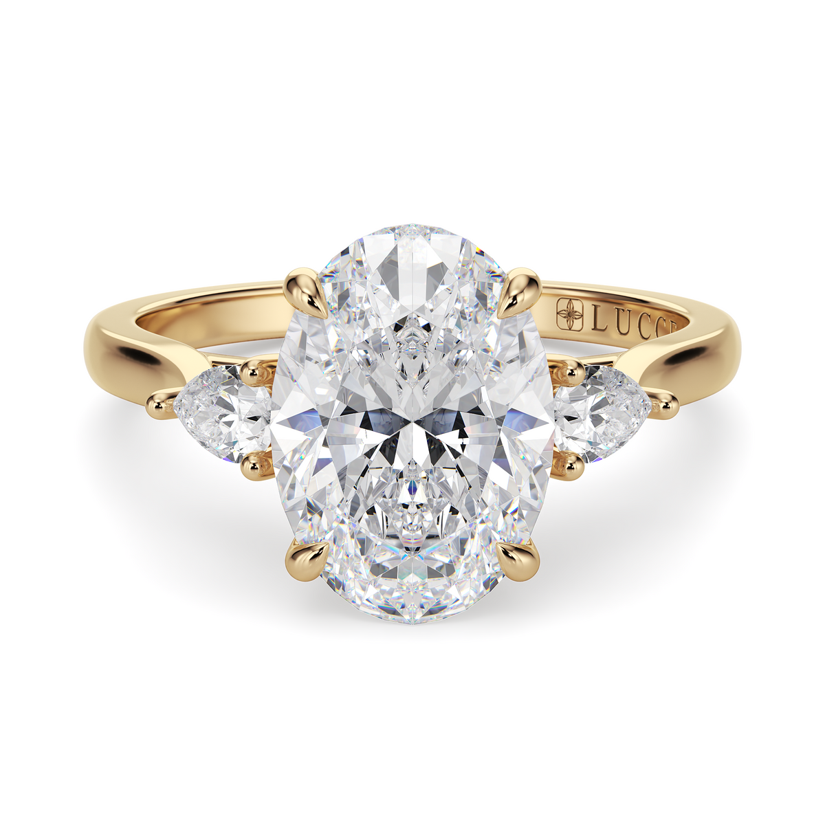 Load image into Gallery viewer, LUCCE Cathedral Three Stone Oval Diamond Engagement Ring in Gold or Platinum
