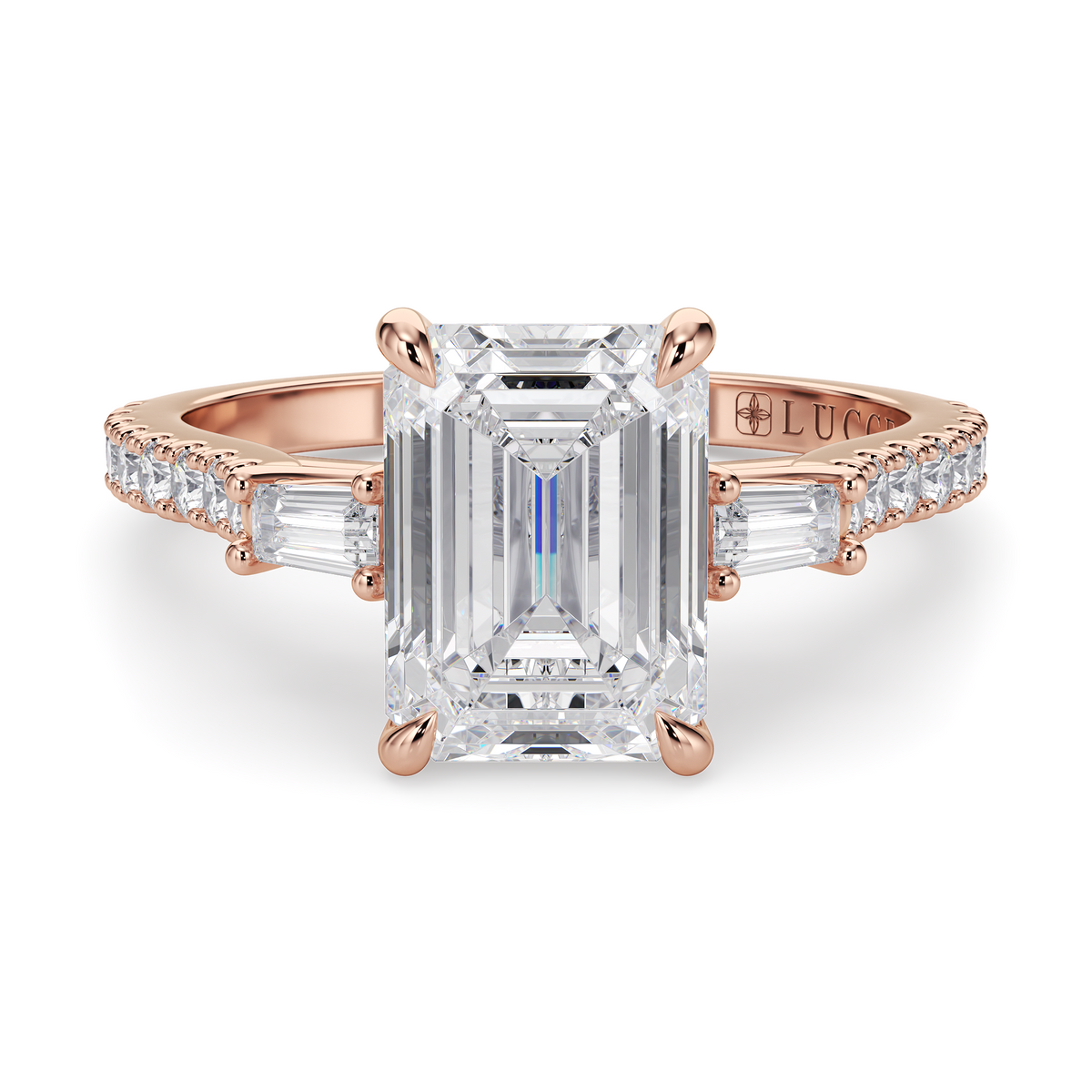Load image into Gallery viewer, LUCCE Pavé Cathedral Three Stone Emerald Diamond Engagement Ring in Gold or Platinum
