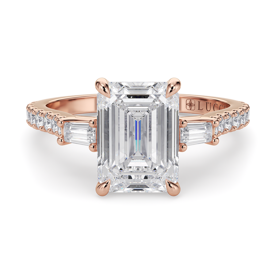 Load image into Gallery viewer, LUCCE Pavé Cathedral Three Stone Emerald Diamond Engagement Ring in Gold or Platinum
