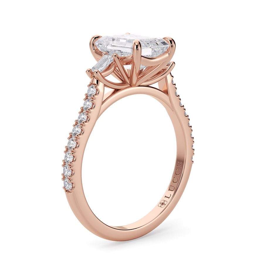 Load image into Gallery viewer, LUCCE Pavé Cathedral Three Stone Emerald Diamond Engagement Ring in Gold or Platinum
