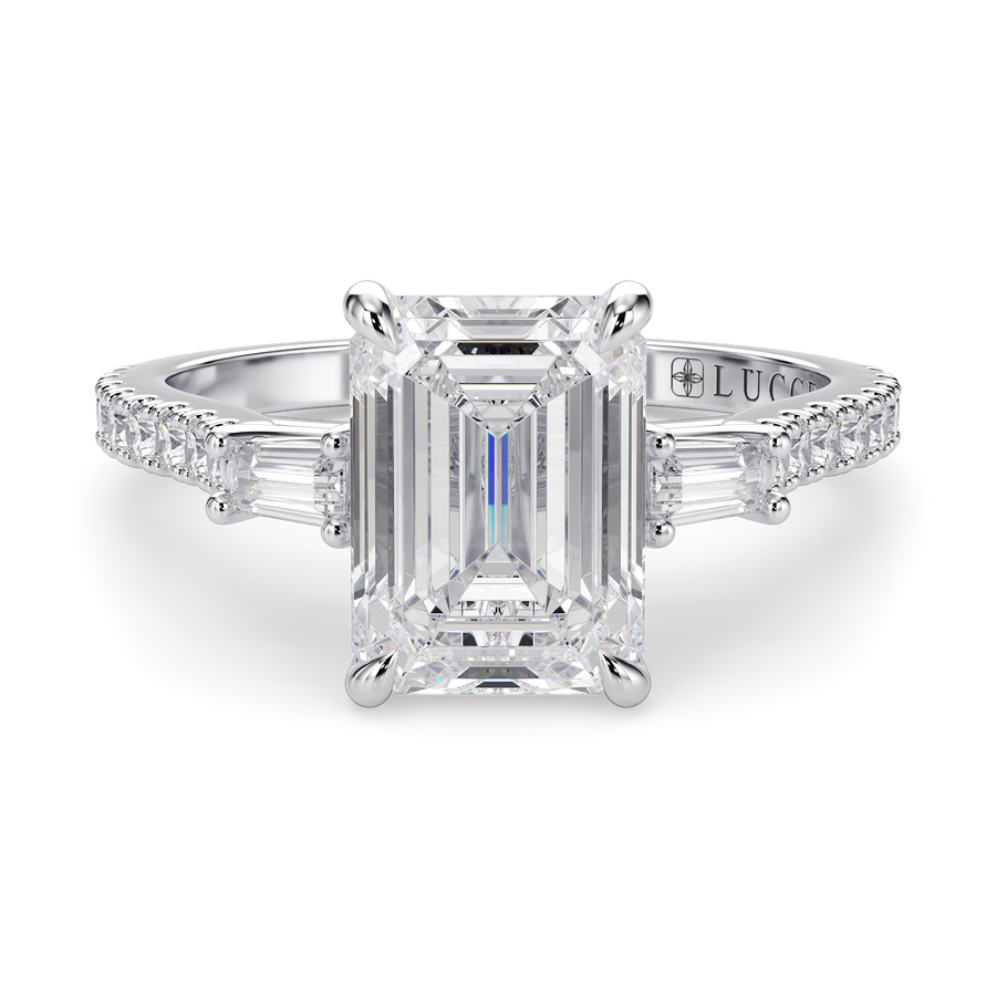 Load image into Gallery viewer, LUCCE Pavé Cathedral Three Stone Emerald Diamond Engagement Ring in Gold or Platinum
