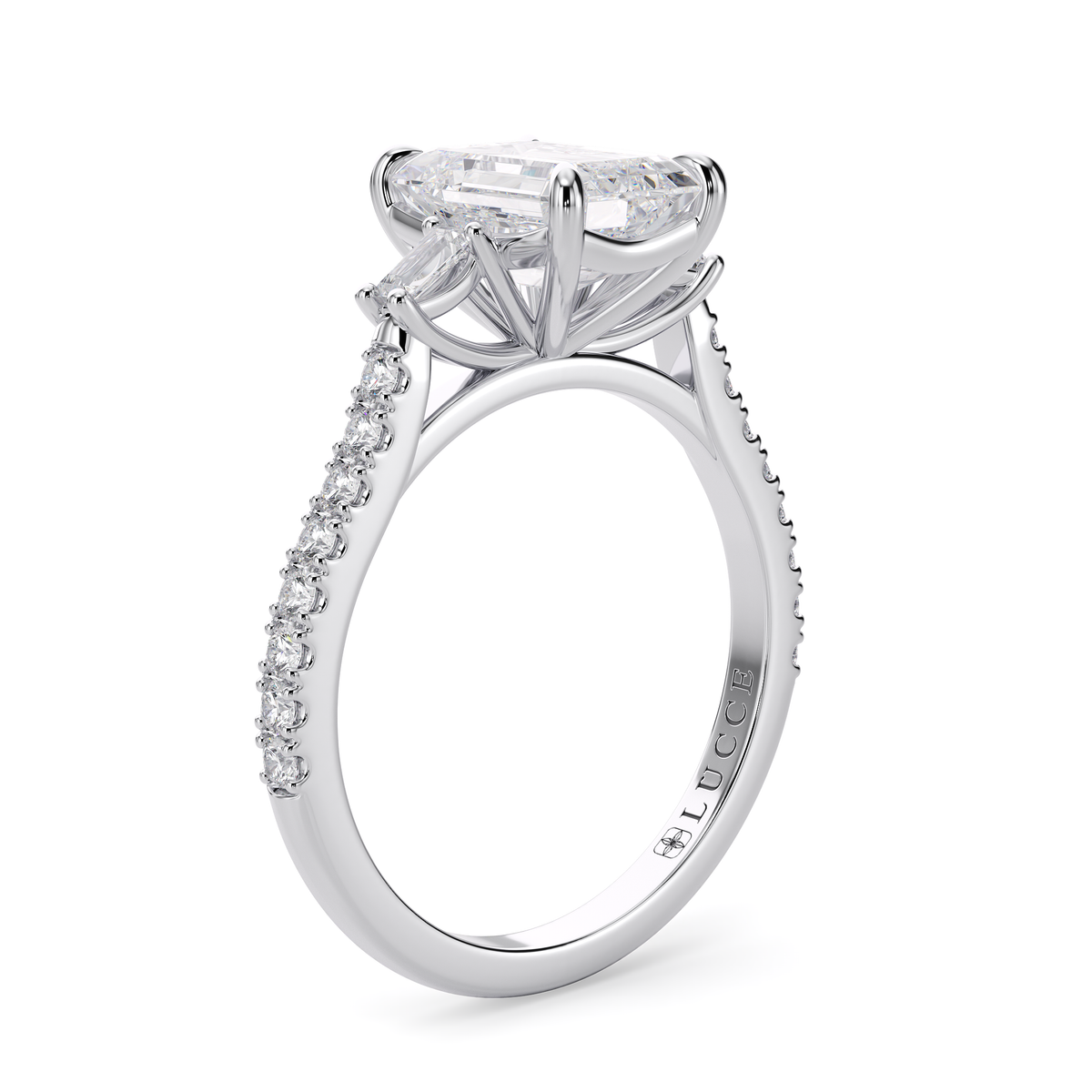 Load image into Gallery viewer, LUCCE Pavé Cathedral Three Stone Emerald Diamond Engagement Ring in Gold or Platinum

