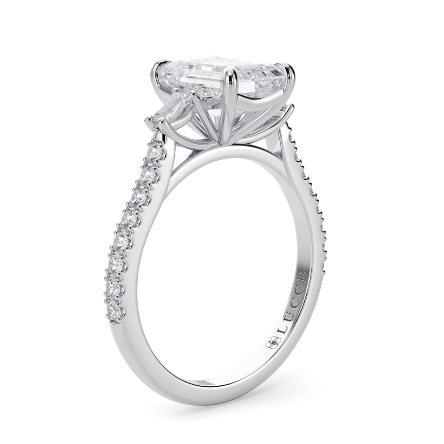 Load image into Gallery viewer, LUCCE Pavé Cathedral Three Stone Emerald Diamond Engagement Ring in Gold or Platinum
