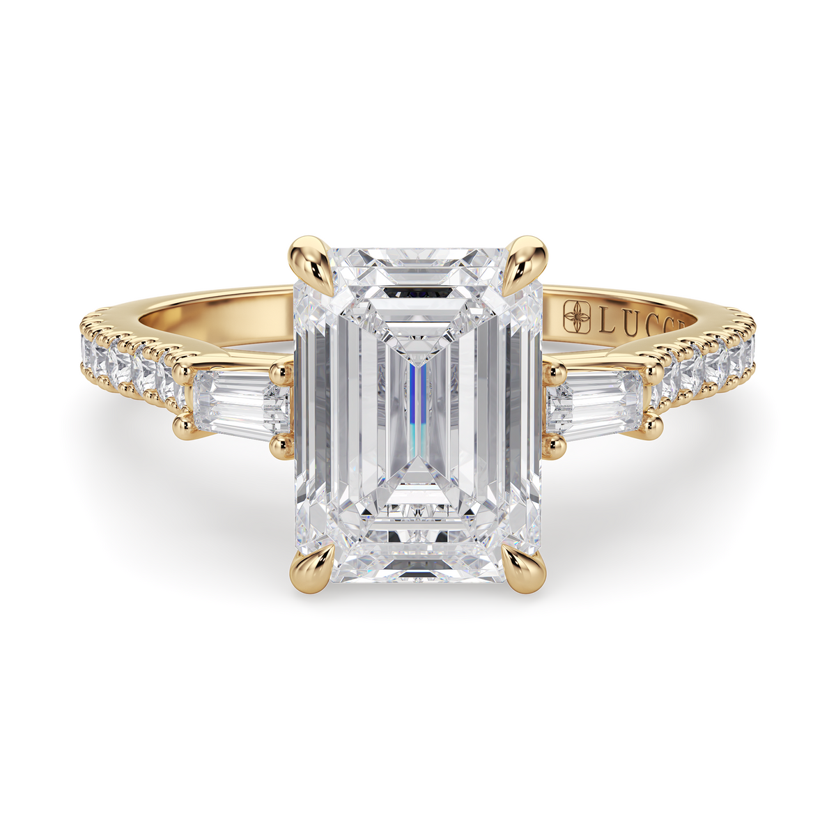 Load image into Gallery viewer, LUCCE Pavé Cathedral Three Stone Emerald Diamond Engagement Ring in Gold or Platinum
