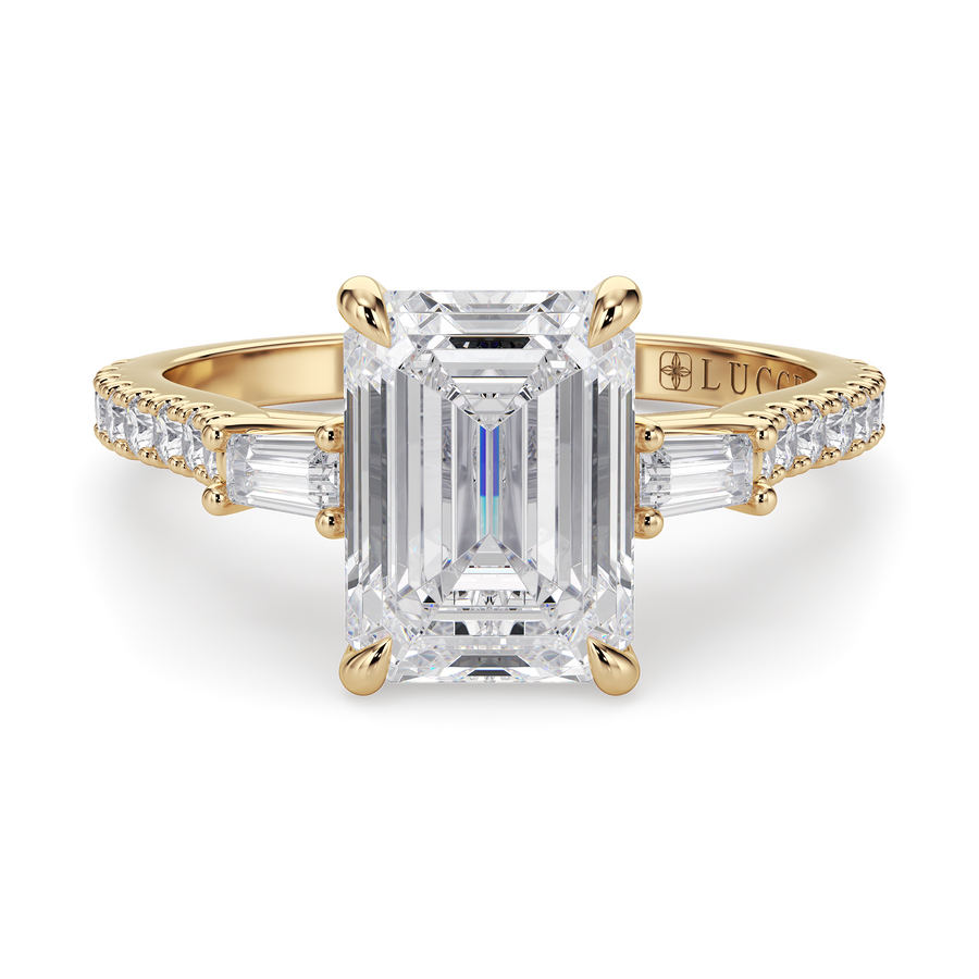 Load image into Gallery viewer, LUCCE Pavé Cathedral Three Stone Emerald Diamond Engagement Ring in Gold or Platinum

