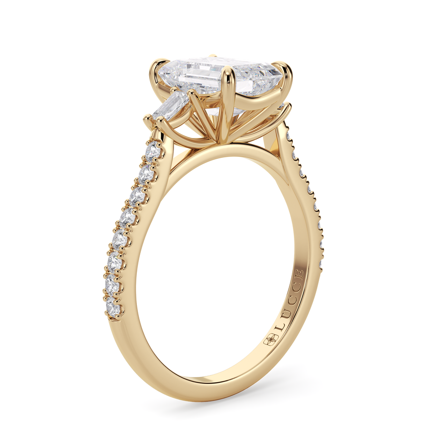 Load image into Gallery viewer, LUCCE Pavé Cathedral Three Stone Emerald Diamond Engagement Ring in Gold or Platinum
