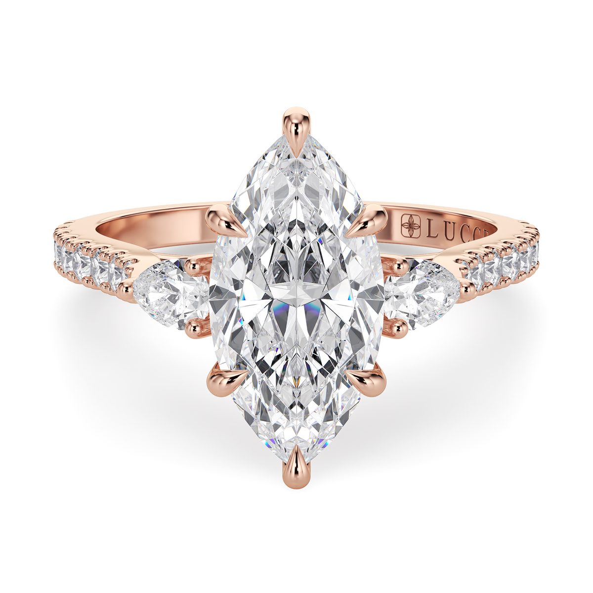 Load image into Gallery viewer, LUCCE Pavé Cathedral Three Stone Marquise Diamond Engagement Ring in Gold or Platinum
