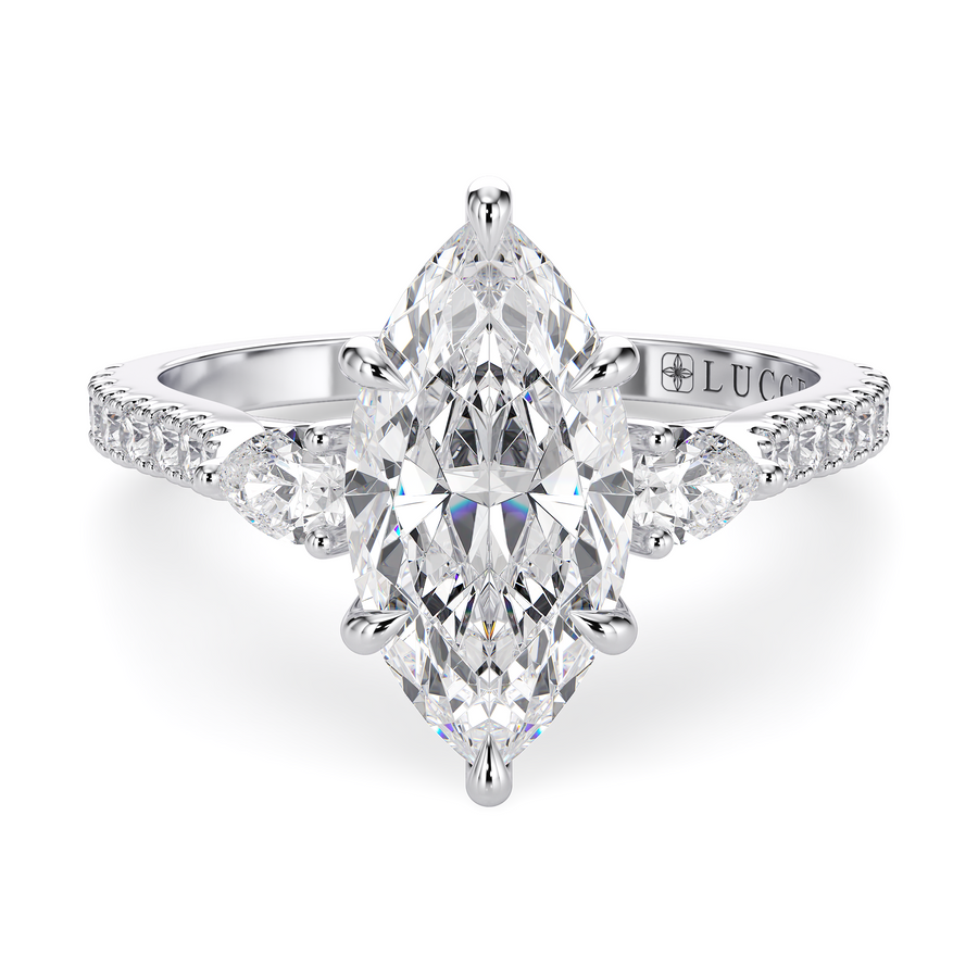 Load image into Gallery viewer, LUCCE Pavé Cathedral Three Stone Marquise Diamond Engagement Ring in Gold or Platinum
