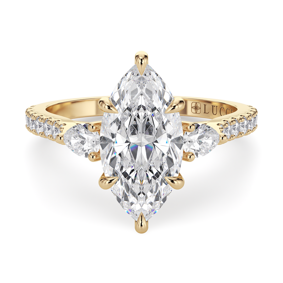 Load image into Gallery viewer, LUCCE Pavé Cathedral Three Stone Marquise Diamond Engagement Ring in Gold or Platinum
