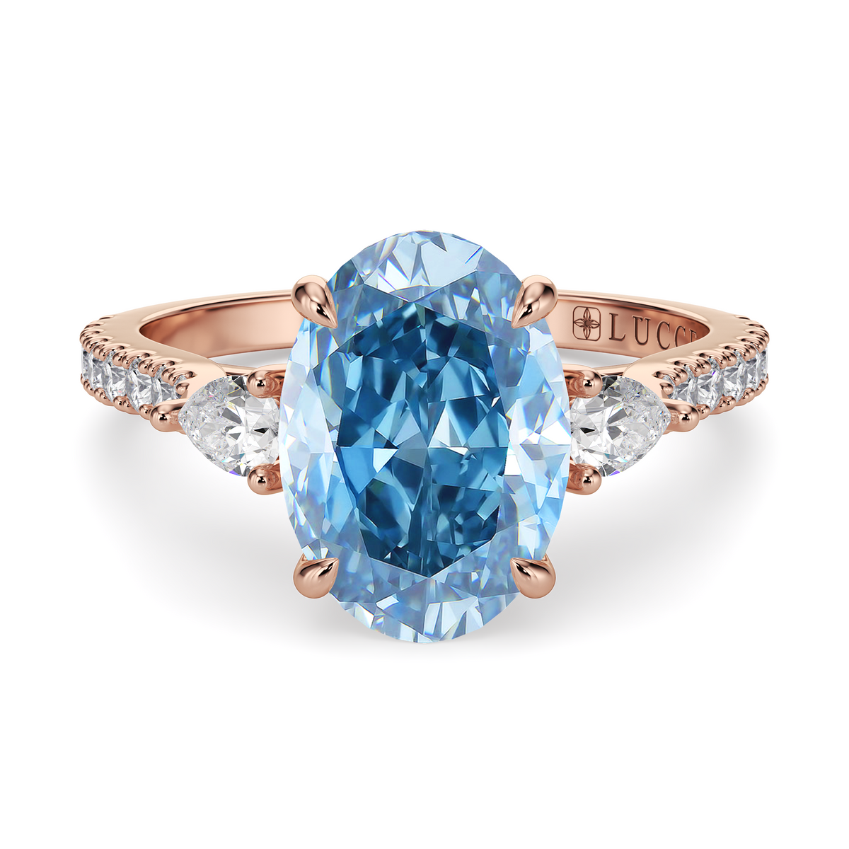 Load image into Gallery viewer, LUCCE Cathedral Pavé band with Three Stone Oval Blue Diamond Engagement Ring in Gold or Platinum

