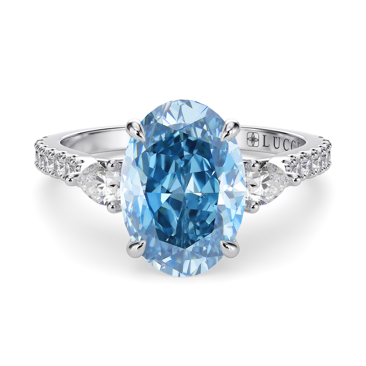 Load image into Gallery viewer, LUCCE Cathedral Pavé band with Three Stone Oval Blue Diamond Engagement Ring in Gold or Platinum
