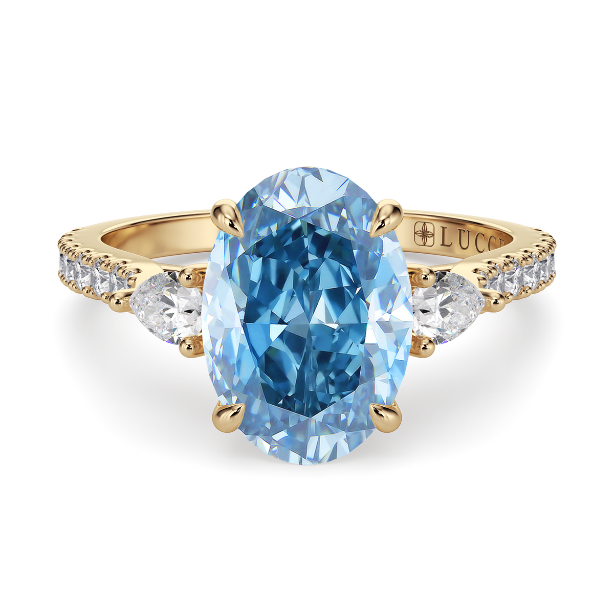 Load image into Gallery viewer, LUCCE Cathedral Pavé band with Three Stone Oval Blue Diamond Engagement Ring in Gold or Platinum
