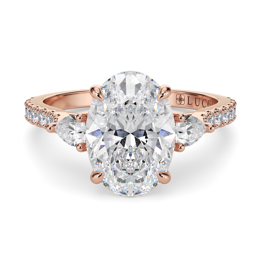 Load image into Gallery viewer, LUCCE Pavé Cathedral Three Stone Oval Diamond Engagement Ring in Gold or Platinum
