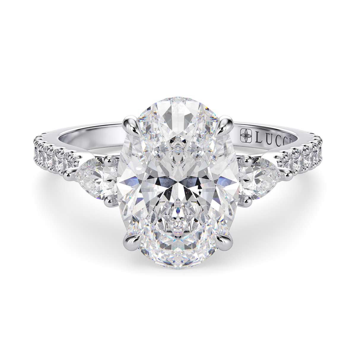 Load image into Gallery viewer, LUCCE Pavé Cathedral Three Stone Oval Diamond Engagement Ring in Gold or Platinum
