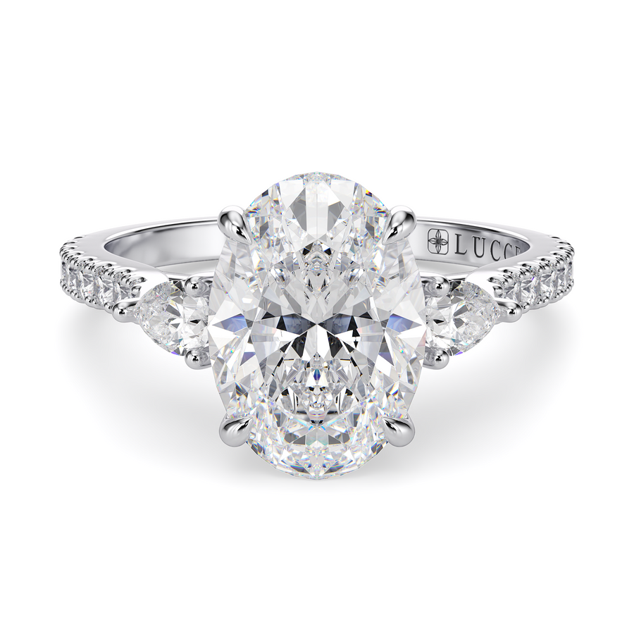 Load image into Gallery viewer, LUCCE Pavé Cathedral Three Stone Oval Diamond Engagement Ring in Gold or Platinum
