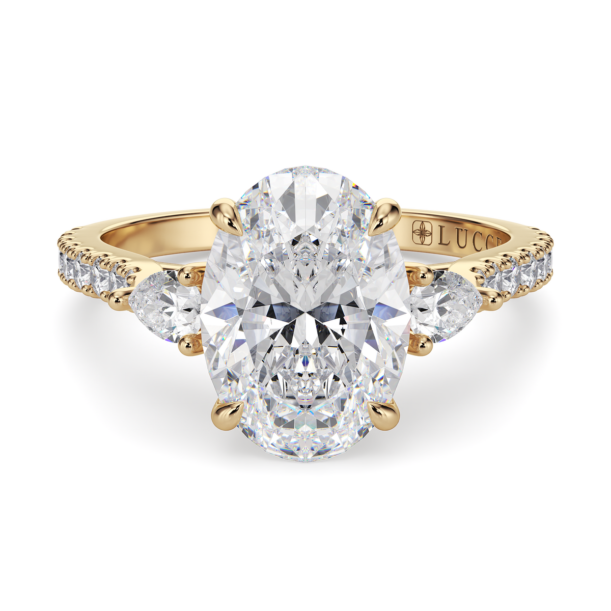 Load image into Gallery viewer, LUCCE Pavé Cathedral Three Stone Oval Diamond Engagement Ring in Gold or Platinum
