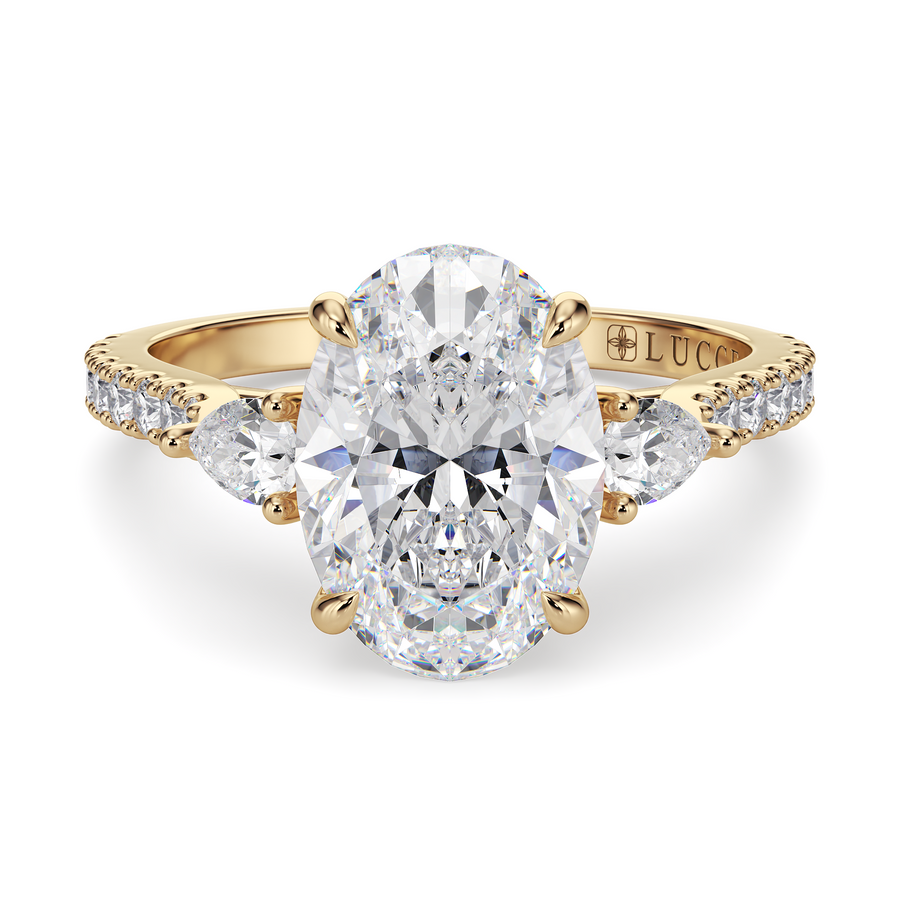 Load image into Gallery viewer, LUCCE Pavé Cathedral Three Stone Oval Diamond Engagement Ring in Gold or Platinum
