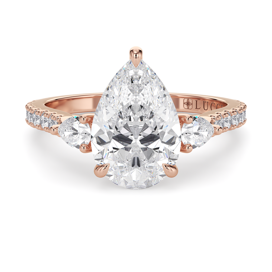 Load image into Gallery viewer, LUCCE Pavé Cathedral Three Stone Pear Diamond Engagement Ring in Gold or Platinum

