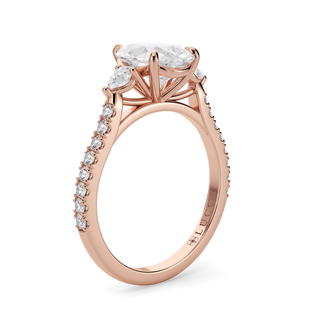 Load image into Gallery viewer, LUCCE Pavé Cathedral Three Stone Pear Diamond Engagement Ring in Gold or Platinum
