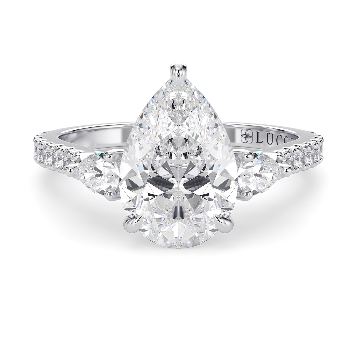 Load image into Gallery viewer, LUCCE Pavé Cathedral Three Stone Pear Diamond Engagement Ring in Gold or Platinum
