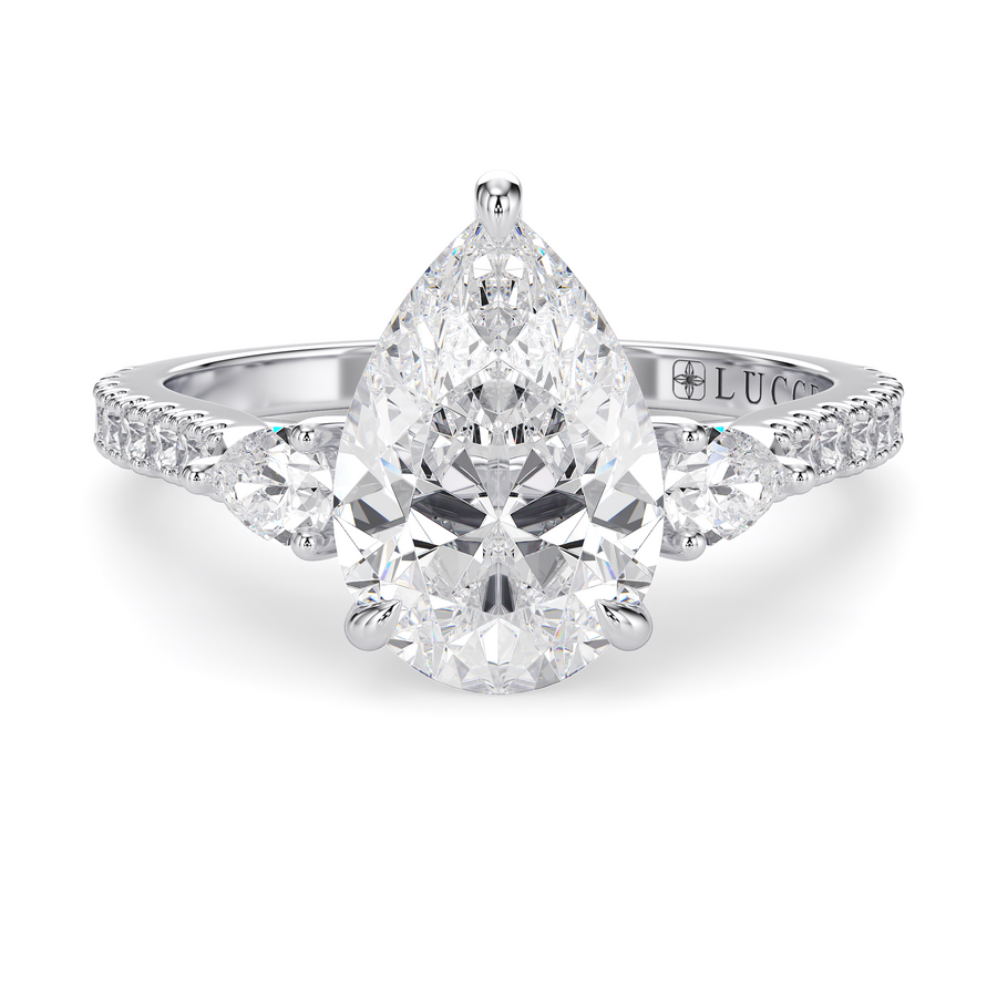 Load image into Gallery viewer, LUCCE Pavé Cathedral Three Stone Pear Diamond Engagement Ring in Gold or Platinum
