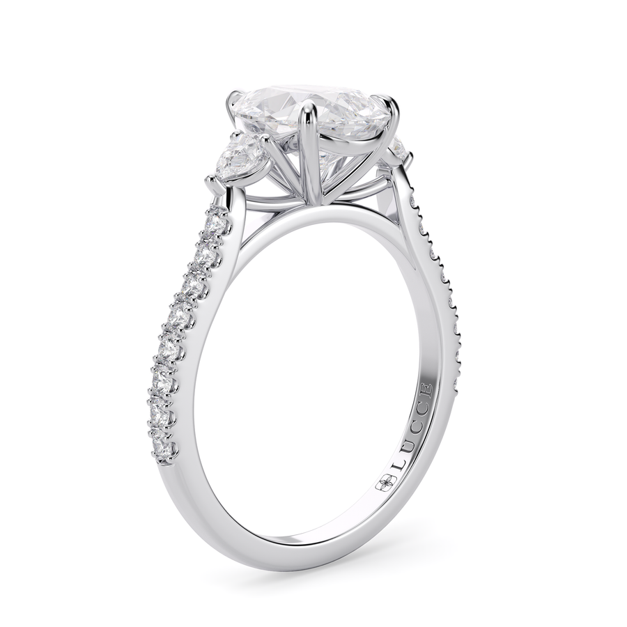 Load image into Gallery viewer, LUCCE Pavé Cathedral Three Stone Pear Diamond Engagement Ring in Gold or Platinum

