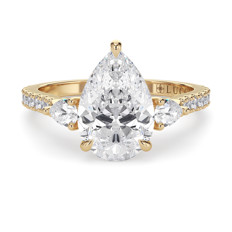 Load image into Gallery viewer, LUCCE Pavé Cathedral Three Stone Pear Diamond Engagement Ring in Gold or Platinum
